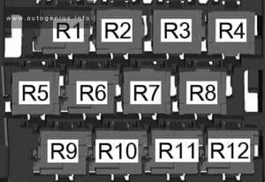 Volkswagen Jetta (A6; 2010 - 2017) - fuse and relay diagram - passenger compartment (15-pin relay carrier)